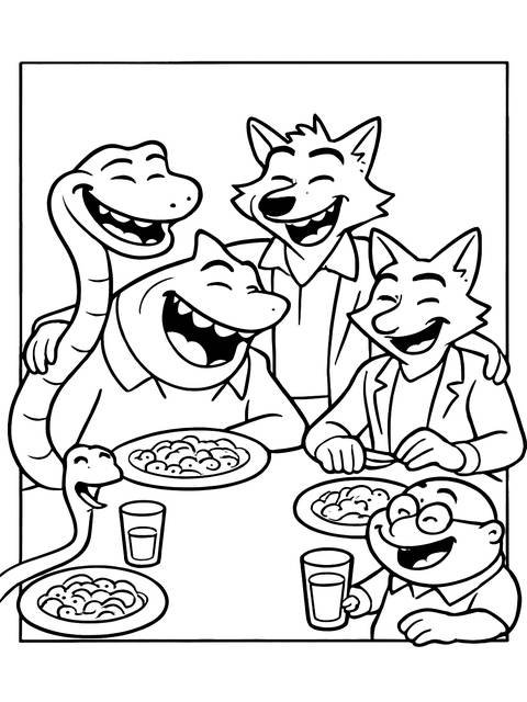 A coloring page featuring the bad guys characters smiling around a table with food