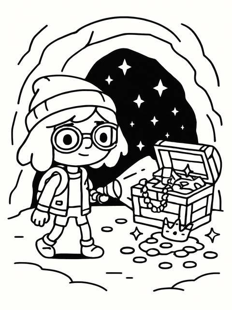 A toca boca-inspired coloring page of a child exploring a treasure-filled cave