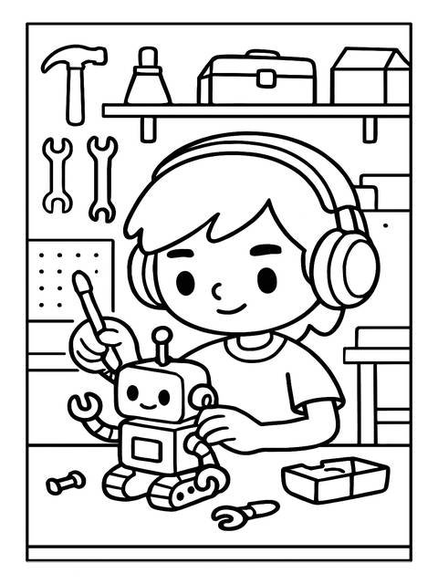 Toca boca coloring page featuring a child building a robot with tools and a toolbox