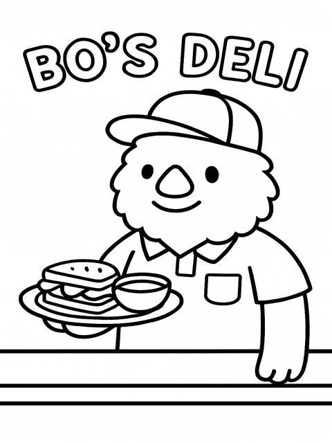Coloring page of a character from toca boca, holding a sandwich and soup