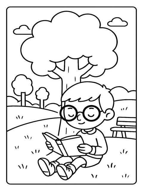 A toca boca coloring page depicting a child reading a book under a tree