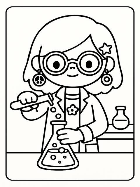 Toca boca coloring page: a scientist with glasses pouring liquid into a flask