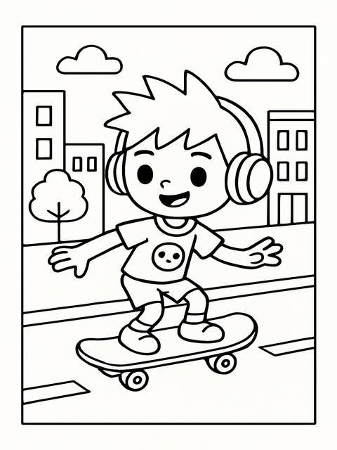 Toca boca coloring page featuring a child skateboarding with headphones on, in a city
