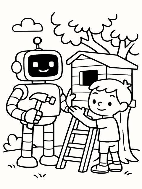 Coloring page idea: robot and boy building a treehouse, a toca boca theme