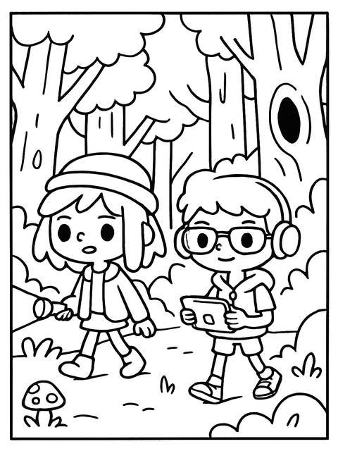 Coloring page featuring two toca boca characters walking in a forest setting