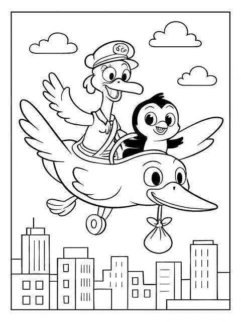 Coloring page idea: a stork delivering a baby with a penguin, flying over a city