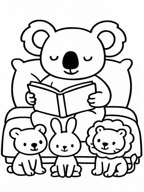 Coloring page featuring a koala reading to three animal friends