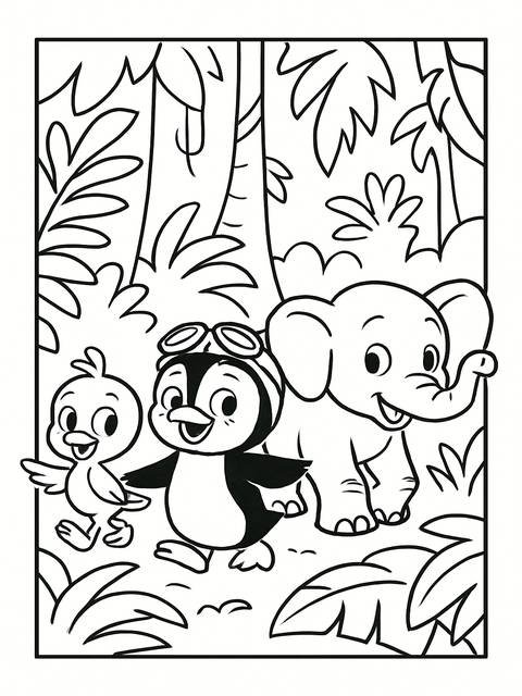 Coloring page featuring a bird, penguin, and elephant in a jungle scene