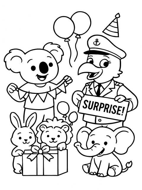 Coloring page featuring a koala, rabbit, lion, elephant, and bird with balloons