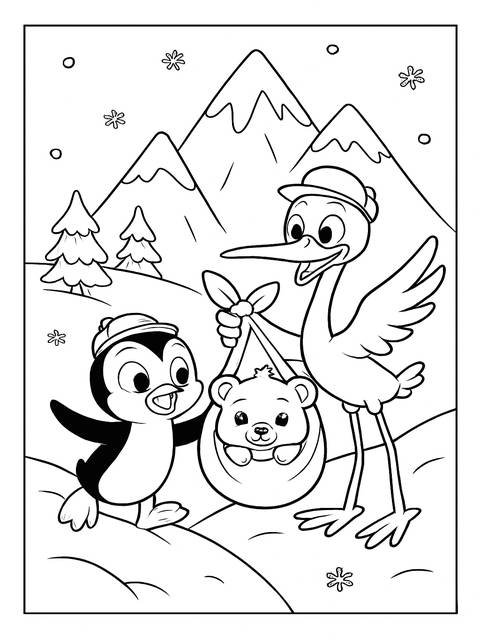 Coloring page of a penguin and stork with a baby bear, inspired by 'tots' theme
