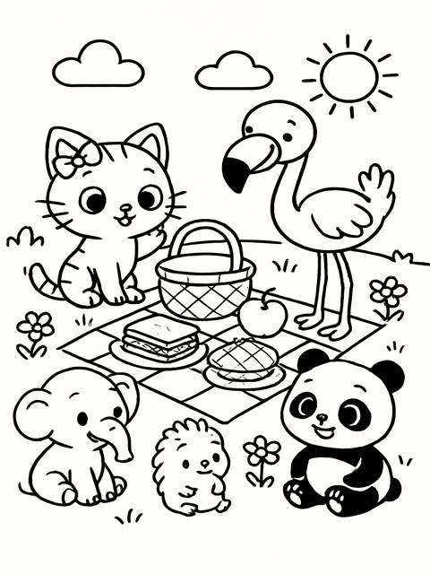 Coloring page with cute animals, picnic basket, and food; simple illustration for tots