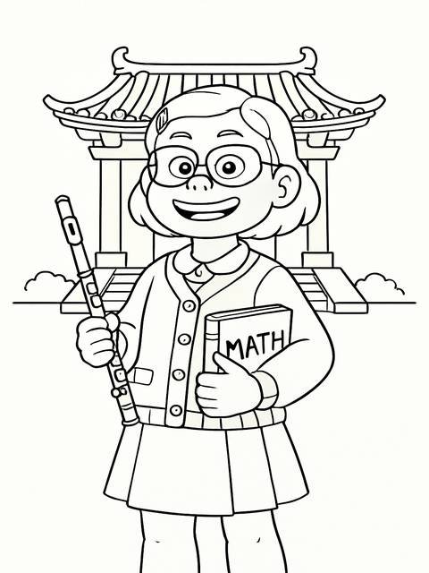 Coloring page of a girl from turning red holding a flute and math book