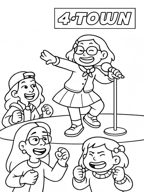 Turning red coloring page featuring a 4-town member singing on stage with friends