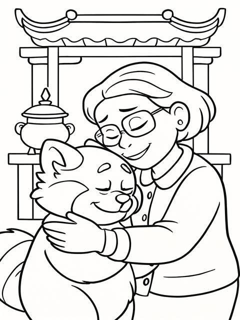 Coloring page featuring a woman hugging a red panda from the movie turning red