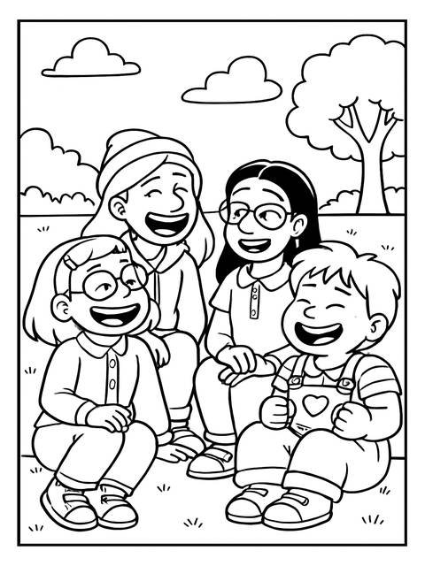 Coloring page featuring four smiling characters from a 'turning red' themed scene