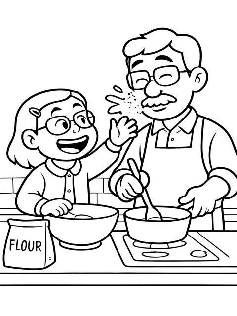 Coloring page of a girl and man cooking, inspired by turning red, with flour