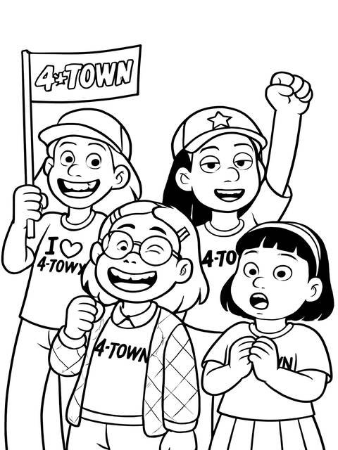 Coloring page featuring four excited girls, possibly from turning red, supporting 4-town
