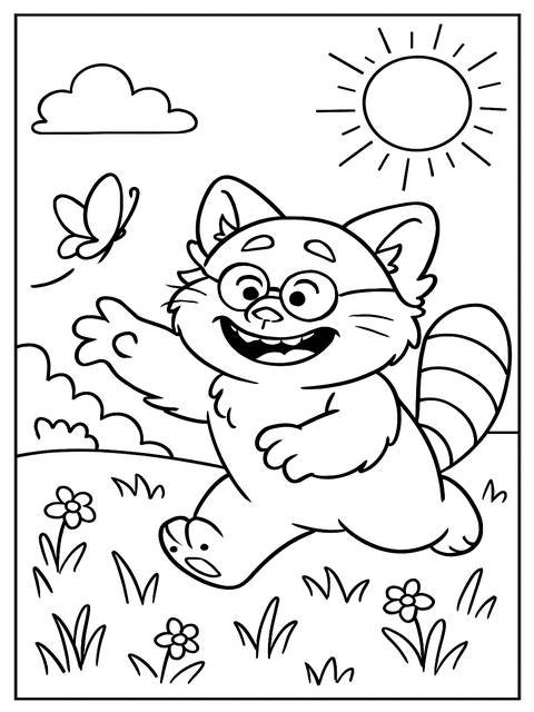 Coloring page of a turning red character with glasses, waving, and a butterfly