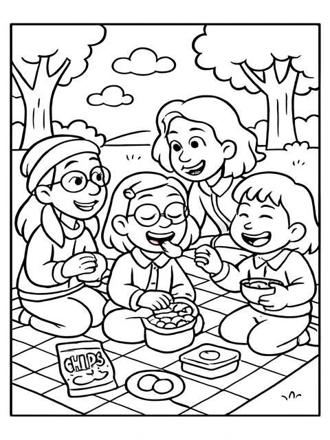 Turning red coloring page featuring four girls enjoying a picnic with snacks