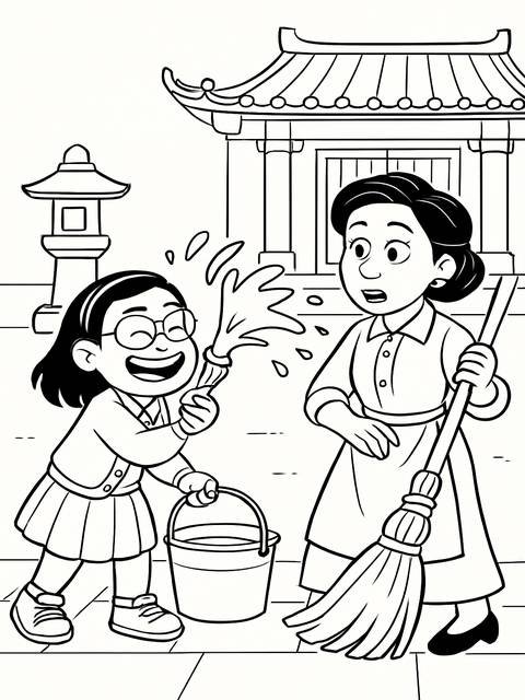 Turning red coloring page depicts two characters cleaning near a traditional building