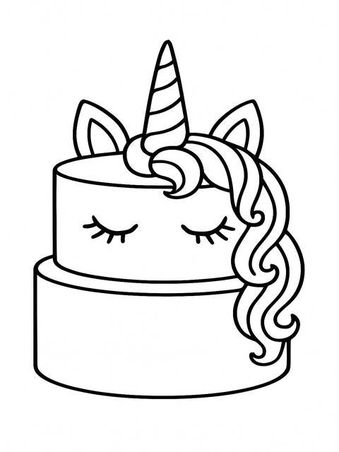 Line art of a two-tiered unicorn cake with closed eyes and a horn