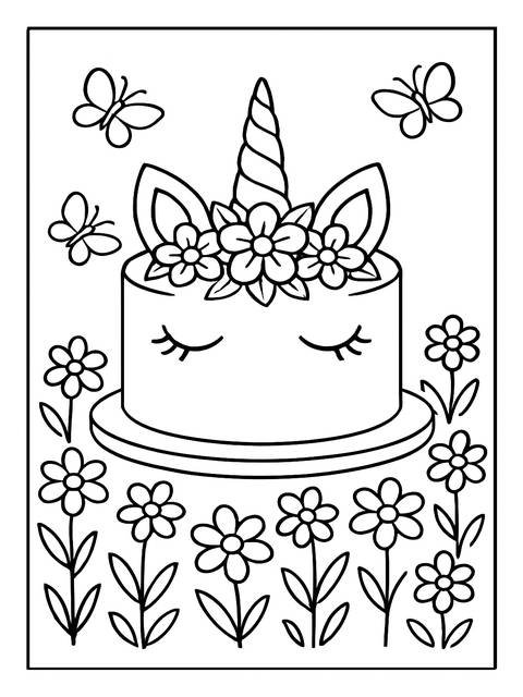Unicorn cake coloring page with flowers and butterflies, ready for creative coloring