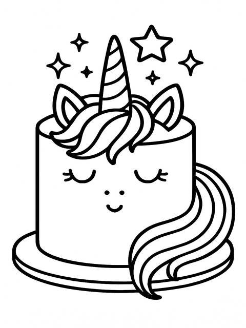 Line art of a unicorn cake with stars, ideal for coloring pages