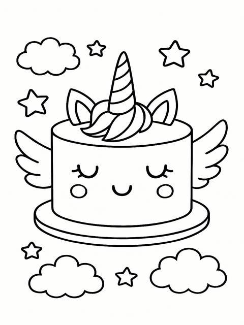 Unicorn cake coloring page with stars and clouds, perfect for kids' creative fun
