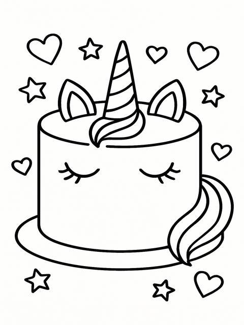 Unicorn cake coloring page with hearts and stars, perfect for kids' creative fun