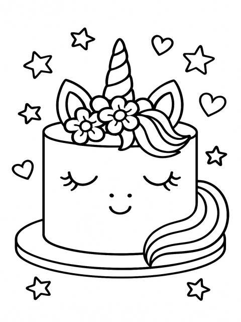 Unicorn cake coloring page with stars and hearts, perfect for creative coloring