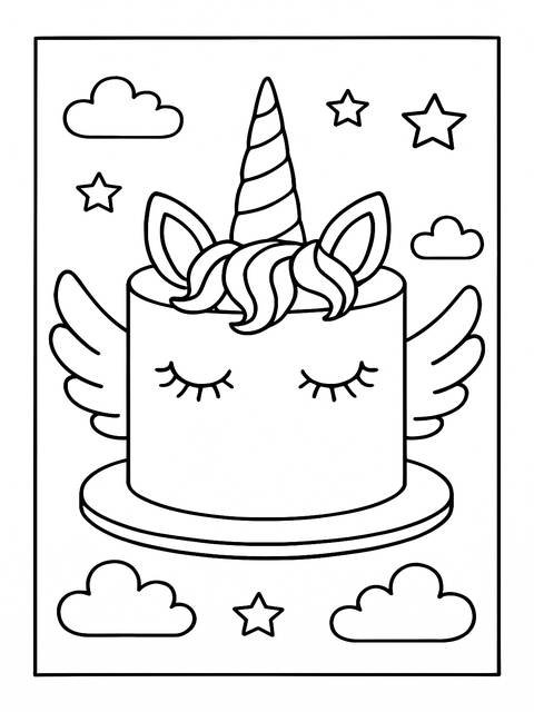 Unicorn cake coloring page with wings, horn, stars, and clouds, perfect for kids