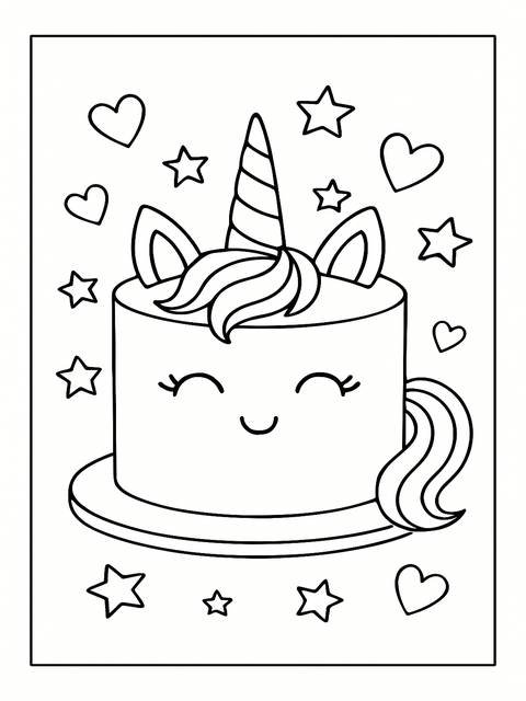 Unicorn cake coloring page with hearts and stars, perfect for creative fun