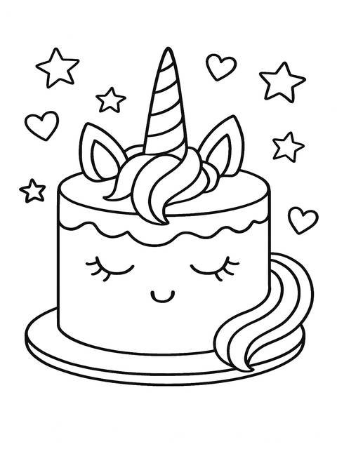 Line art of a unicorn cake with stars and hearts, perfect for coloring