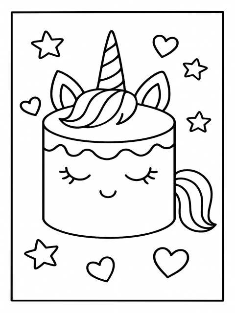 Unicorn cake coloring page with stars and hearts, perfect for creative coloring
