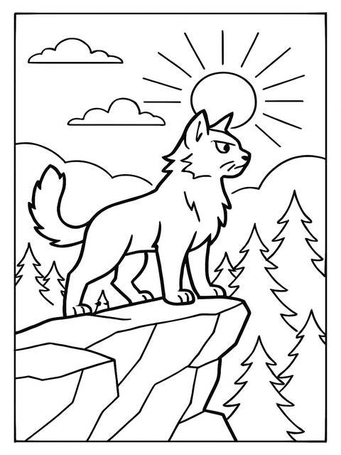 Warrior cat coloring page: a cat stands on a rock, sun and trees in background
