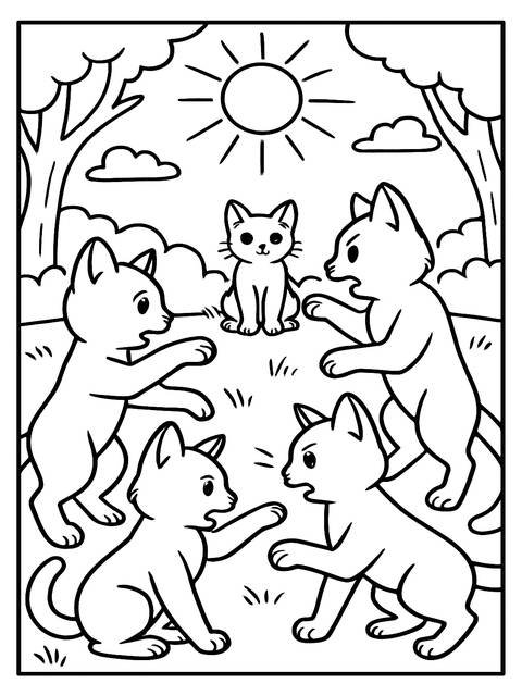 Warrior cat coloring page featuring five cats in a playful outdoor scene under the sun