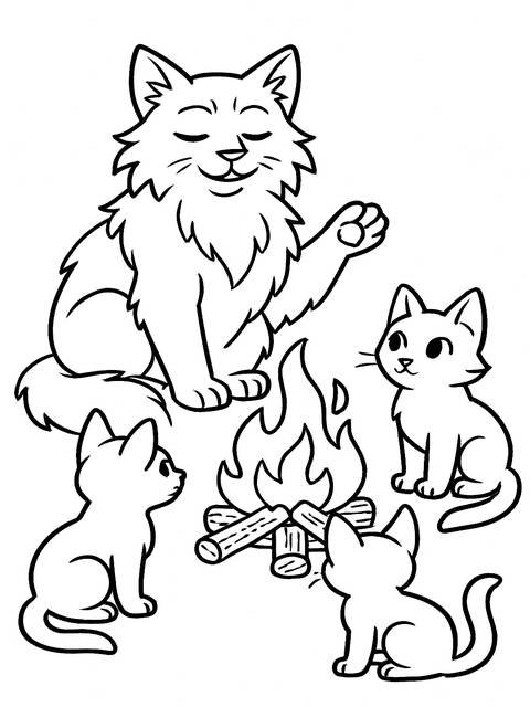 Warrior cat coloring page depicting a large cat with kittens around a campfire