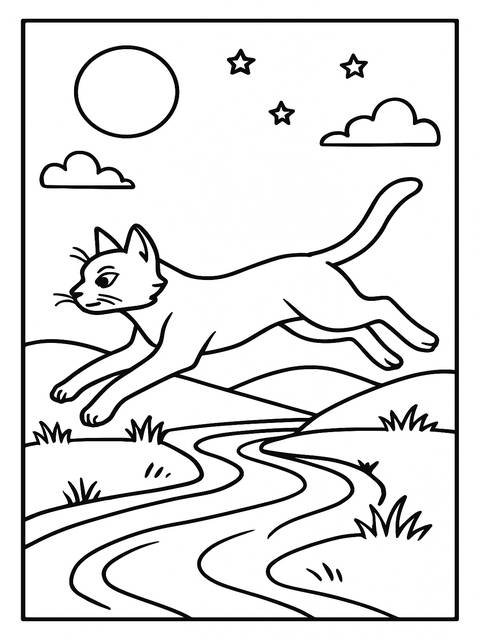 Warrior cat coloring page of a leaping cat over a winding river under stars