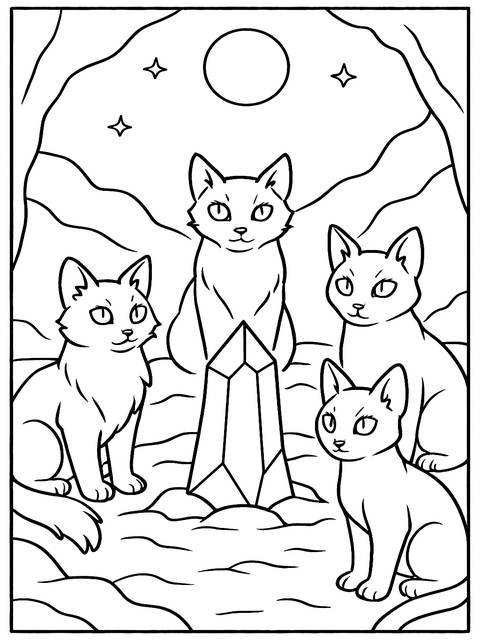 Warrior cats coloring page featuring four cats and a crystal, under a moon