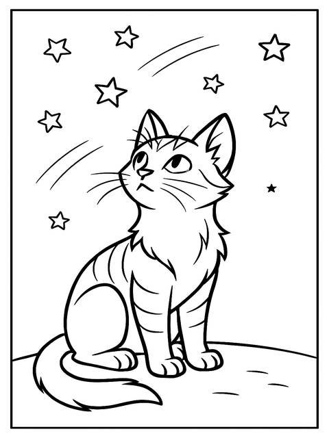 Warrior cat coloring page: a curious cat looking up at stars and shooting stars