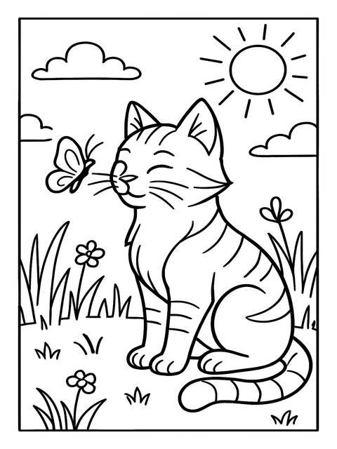 Coloring page of a cat with a butterfly, part of a warrior cat coloring idea