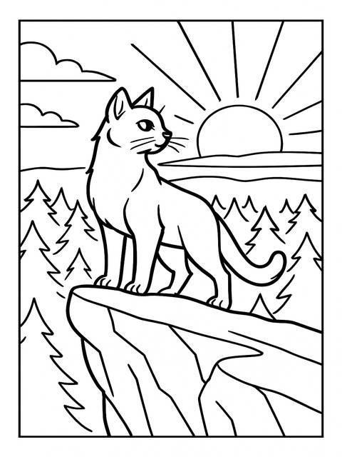 Warrior cat coloring page: cat standing on a cliff, watching the sunrise