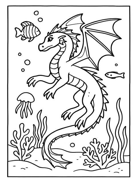 Coloring page of a dragon from wings of fire, swimming underwater with fish