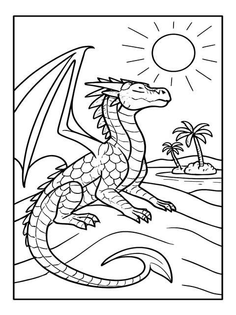 Coloring page of a dragon from wings of fire, sun, and palm trees