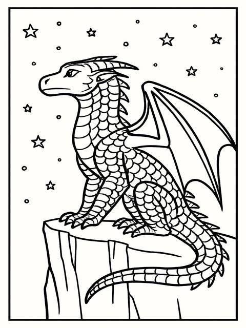 Black and white coloring page of a dragon with wings, from the wings of fire series