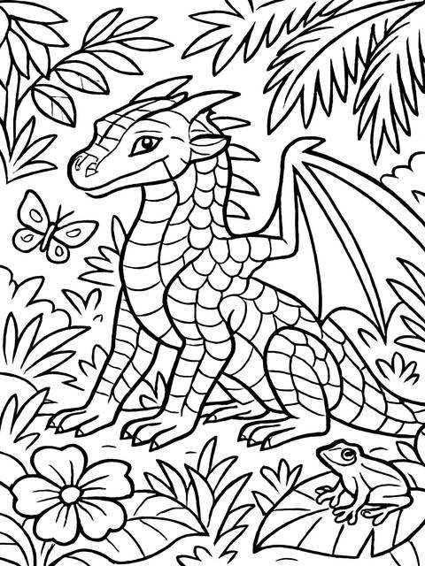 A coloring page illustration of a dragon from wings of fire with a butterfly