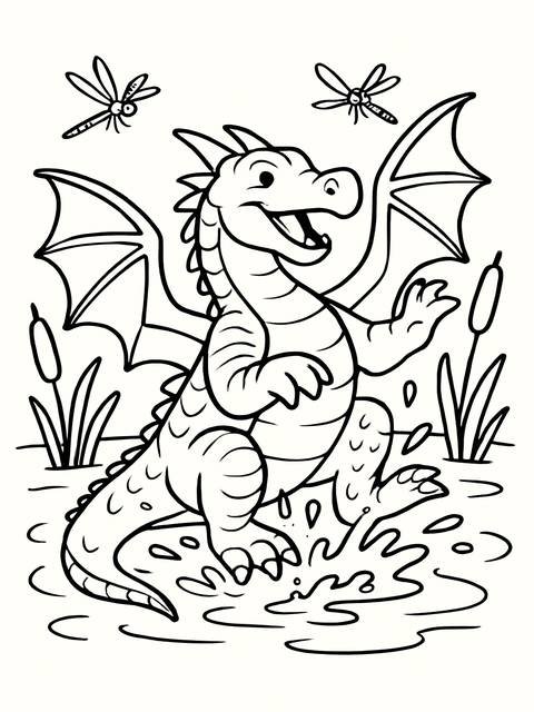 Coloring page of a happy dragon with wings and dragonflies, ready to be colored