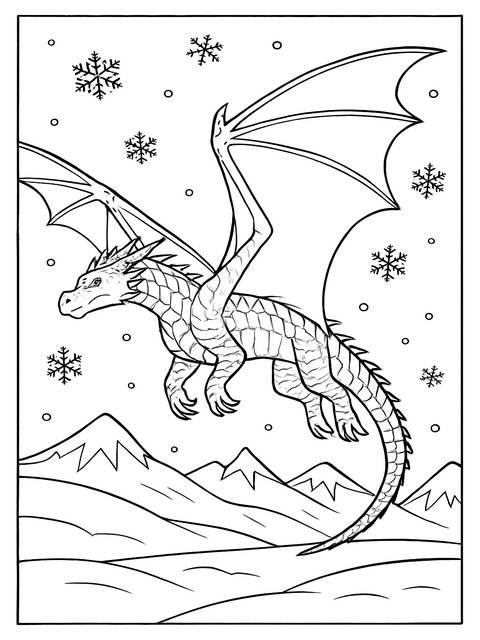 A wings of fire coloring page depicting a dragon in flight with snowflakes