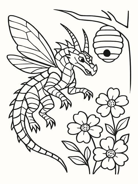 Wings of fire coloring page featuring a dragon with insect-like wings and flowers
