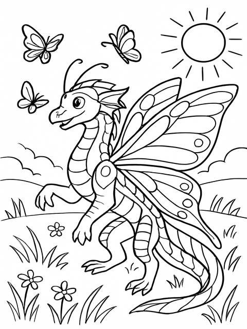 A wings of fire coloring page depicting a dragon with butterfly wings and butterflies